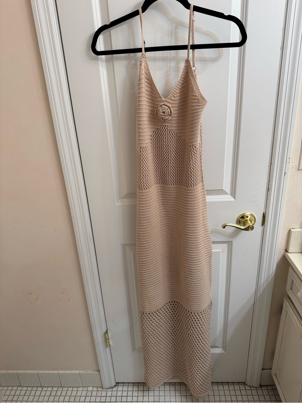 Neutral Crochet Maxi Dress with Spaghetti Straps - Picture 1 of 3